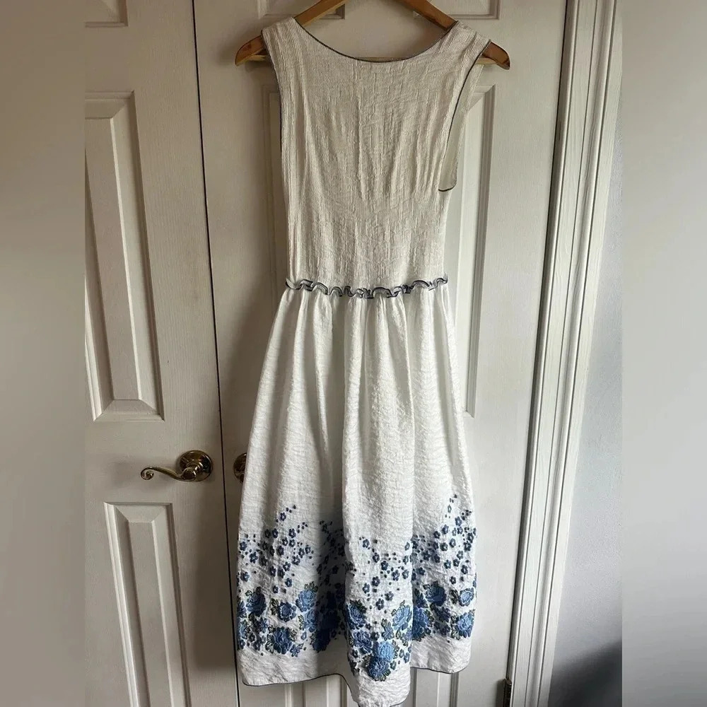 Sophie Max white midi dress with smocked bodice & needle point flowers on hem. - Picture 8 of 8